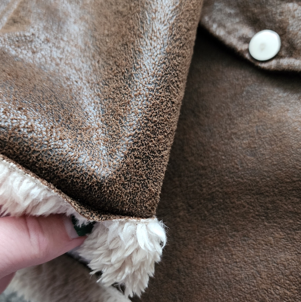 *SOLD* MISS LONDON Faux Leather Aviator Jacket Womens Size M Brown Cream - Picture 2 of 10